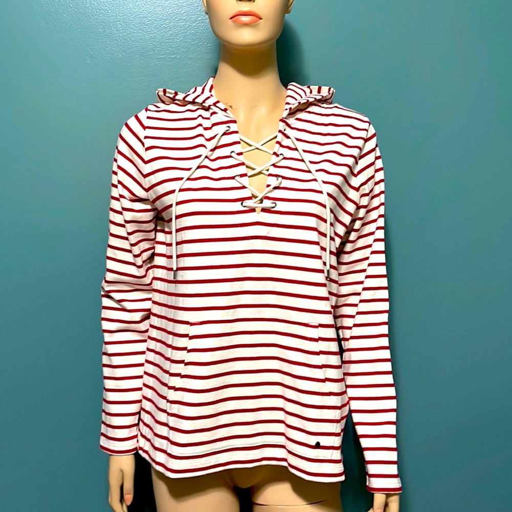 L.L. Bean Red Stripe Retro Nautical Lace Front Hooded Shirt